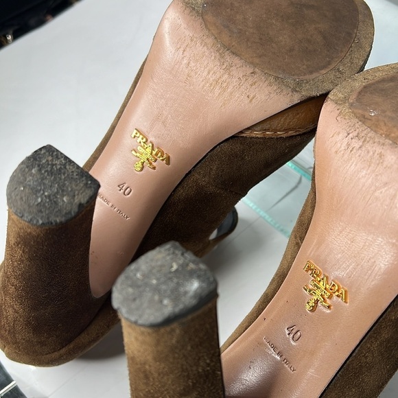 PRADA Sz 40 Brown Suede Rubber Platform Peep Toe Elastic Mary Jane 3.5” Heels - Picture 10 of 15